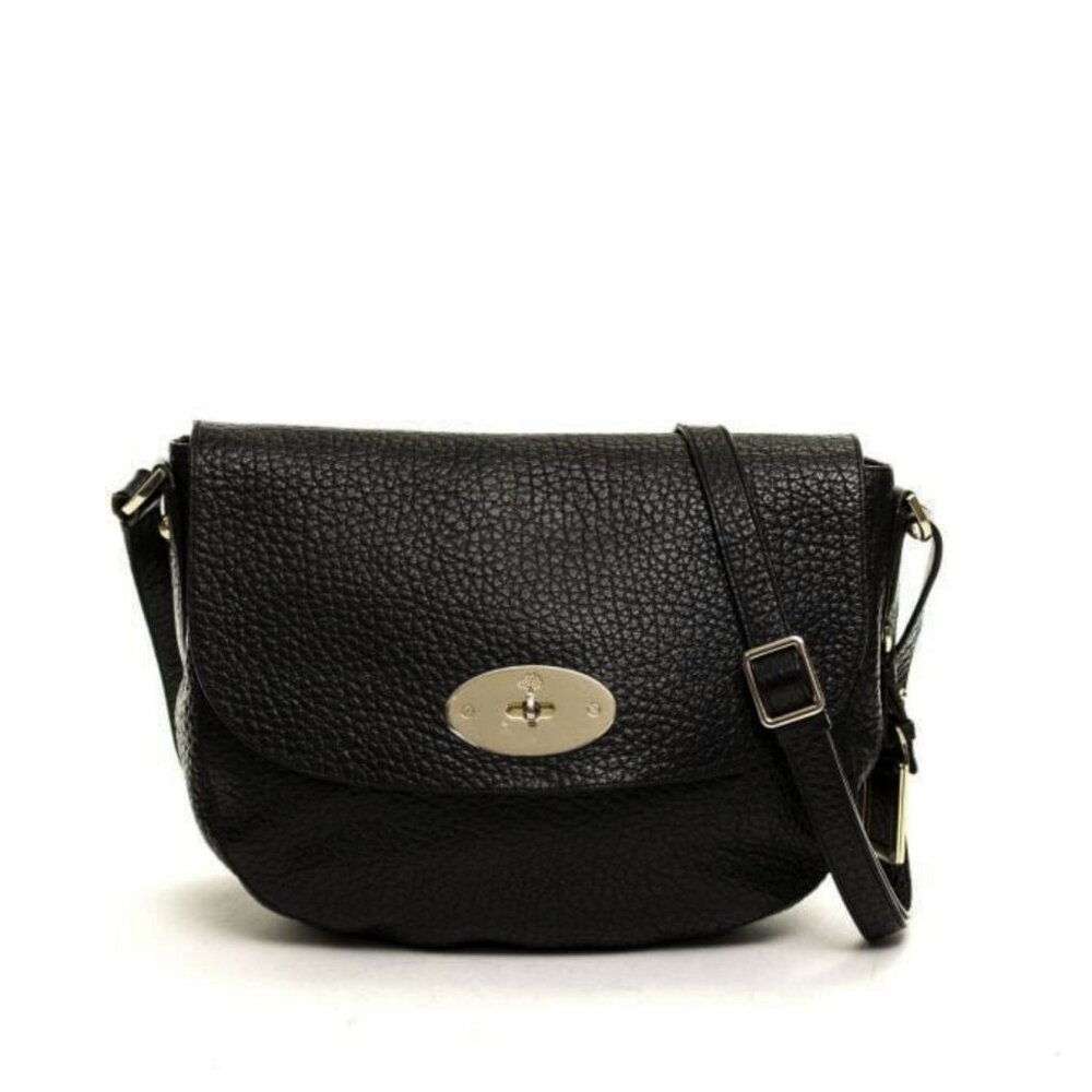 Black Pebbled Leather Crossbody Bag with Turn-Lock Closure
